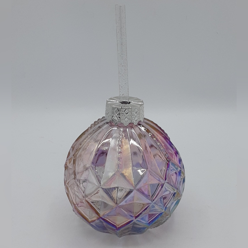 Pink Iridescent Glass Ornament Sipper With Straw Holiday.